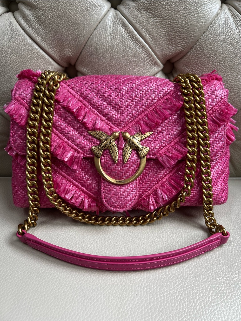 New Pinko Hot Pink Raffia Shoulder Bag with Gold Chain & Bird Clasp